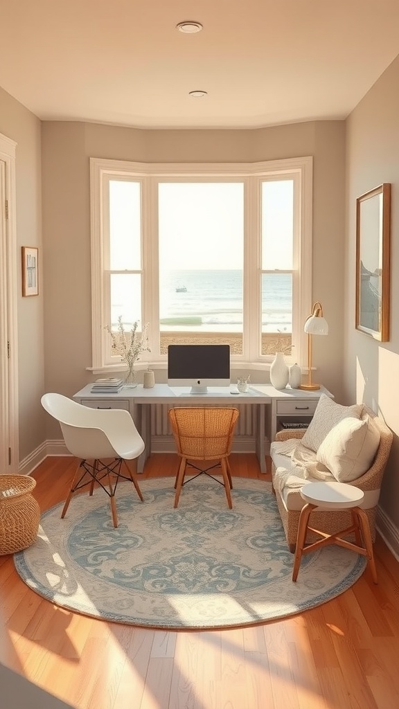 Coastal cottage home office with breezy wall art and beach view