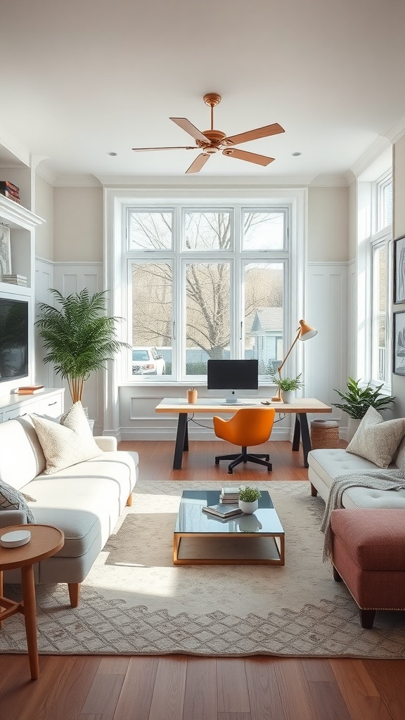 Bright living room with a cozy desk and large windows, featuring plants and modern decor.