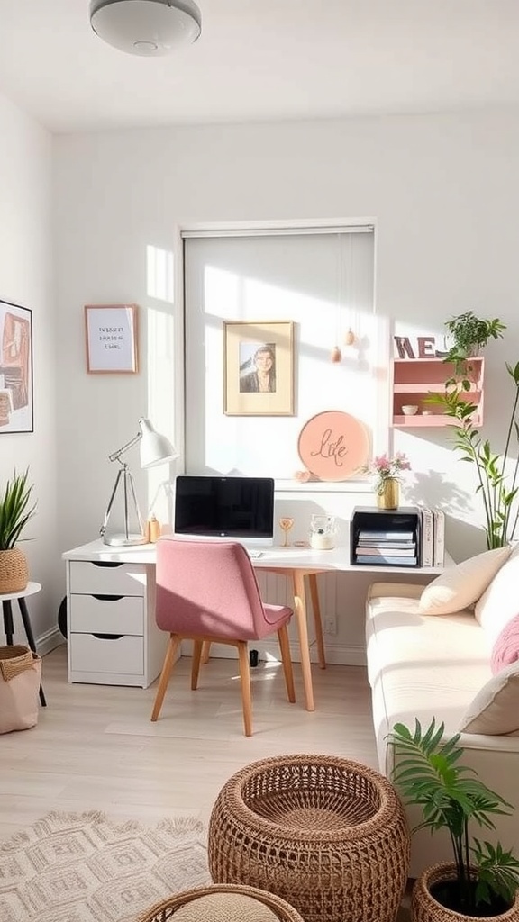 An airy Scandinavian style home office featuring a white desk, pastel pink chair, and plants