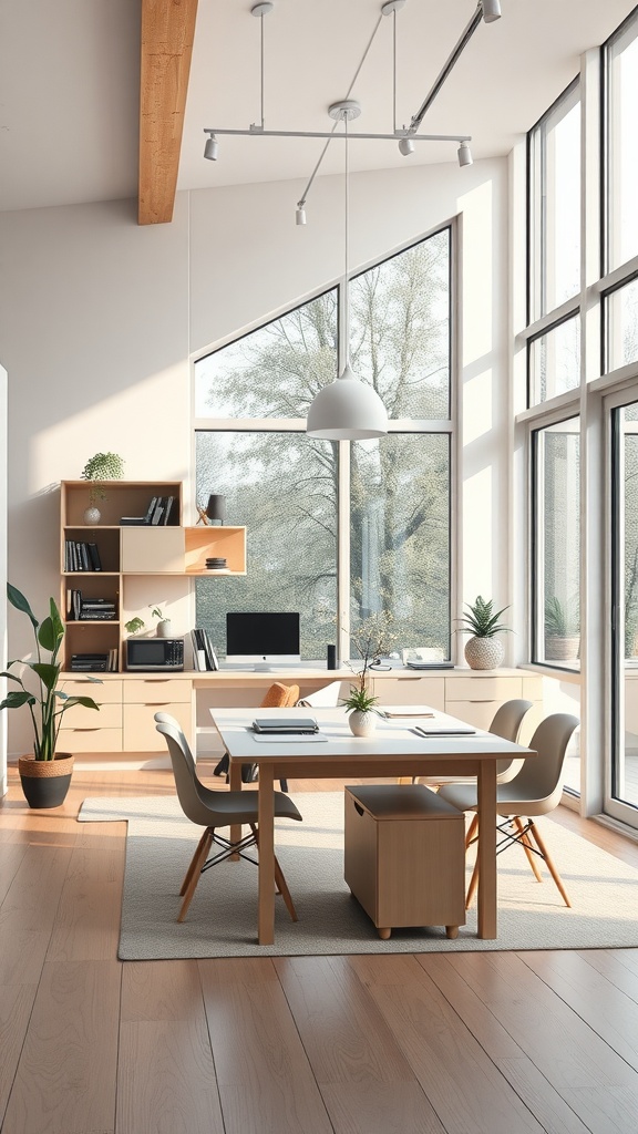 Bright and airy workspace with large windows, minimalist furniture, and potted plants.