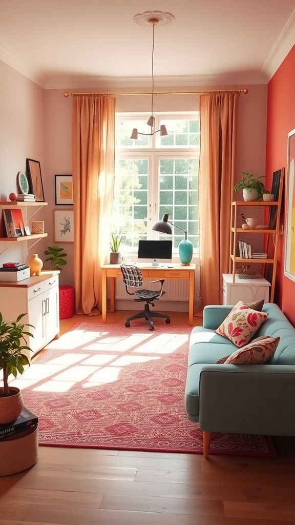 A bright and cozy home office with orange walls, a blue sofa, and a wooden desk by a large window.