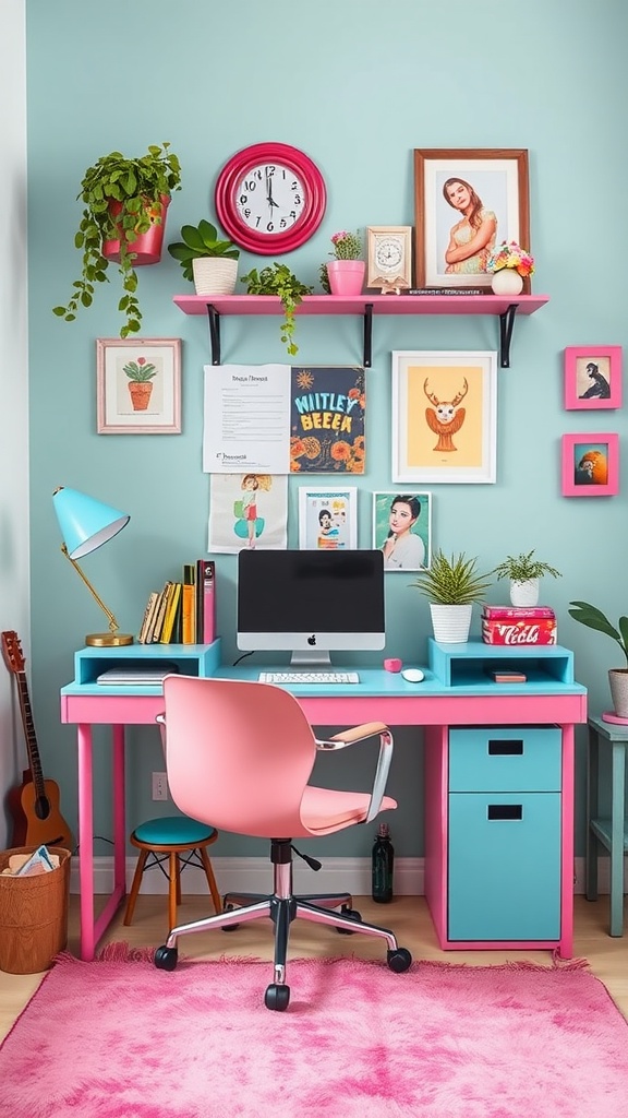 A colorful home office with a pink and blue desk, vibrant wall art, and plants
