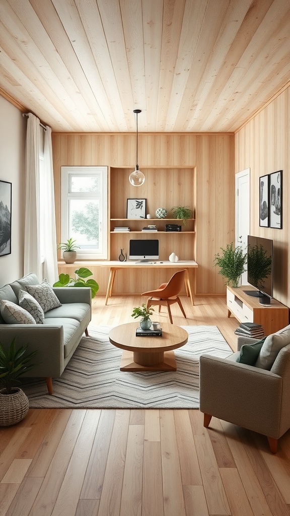 A bright Scandinavian living space featuring light wood tones, a desk with a computer, cozy sofas, and decorative plants.