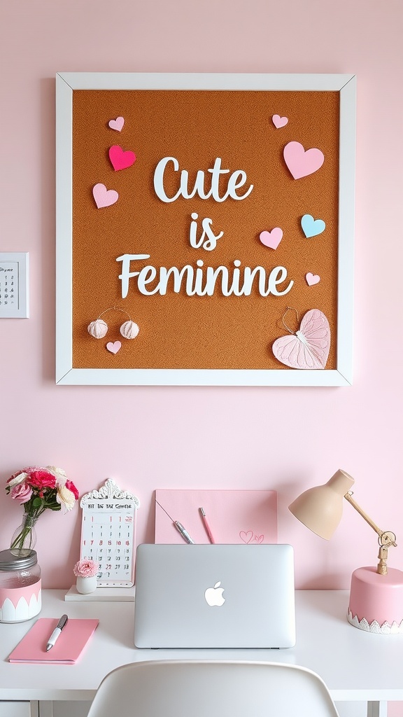 A corkboard filled with colorful quotes, decorative flowers, and candles, enhancing a feminine home office aesthetic.