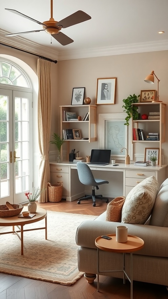 Cozy living room featuring a stylish workstation, soft lighting, and inviting decor.