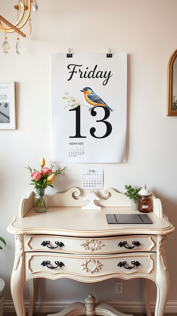 A charming desk calendar display with a pink stand, surrounded by colorful stationery, a small plant, and a candle in a feminine home office setup.
