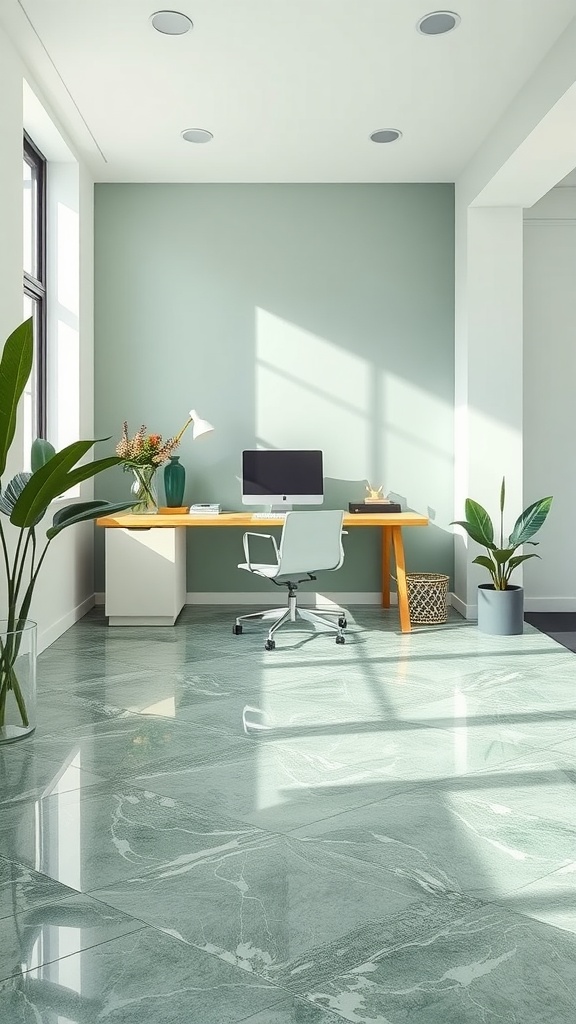 Home office with green Verde Alpi marble flooring and modern furniture