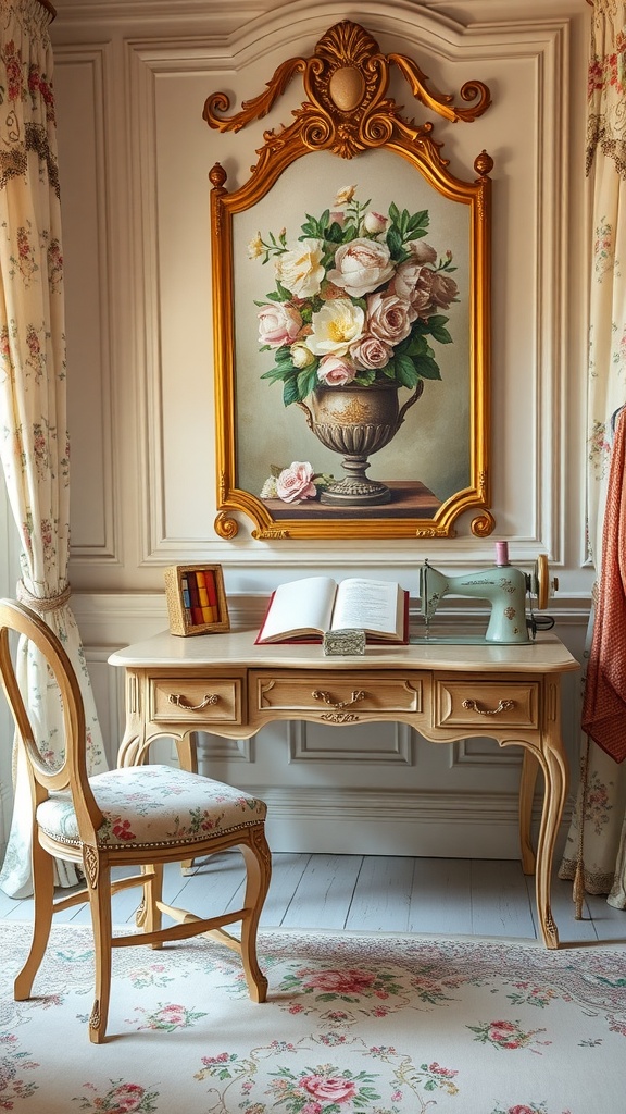 A vintage home office featuring a beautifully crafted desk with a sewing machine, an open book, a floral chair, and an ornate floral painting on the wall.