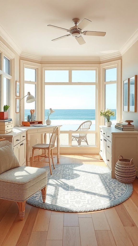A cozy coastal cottage home office with beige accessories, large windows, and a view of the ocean.