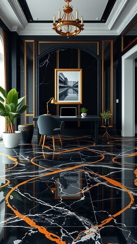 Chic black and gold marble flooring in a modern home office setting