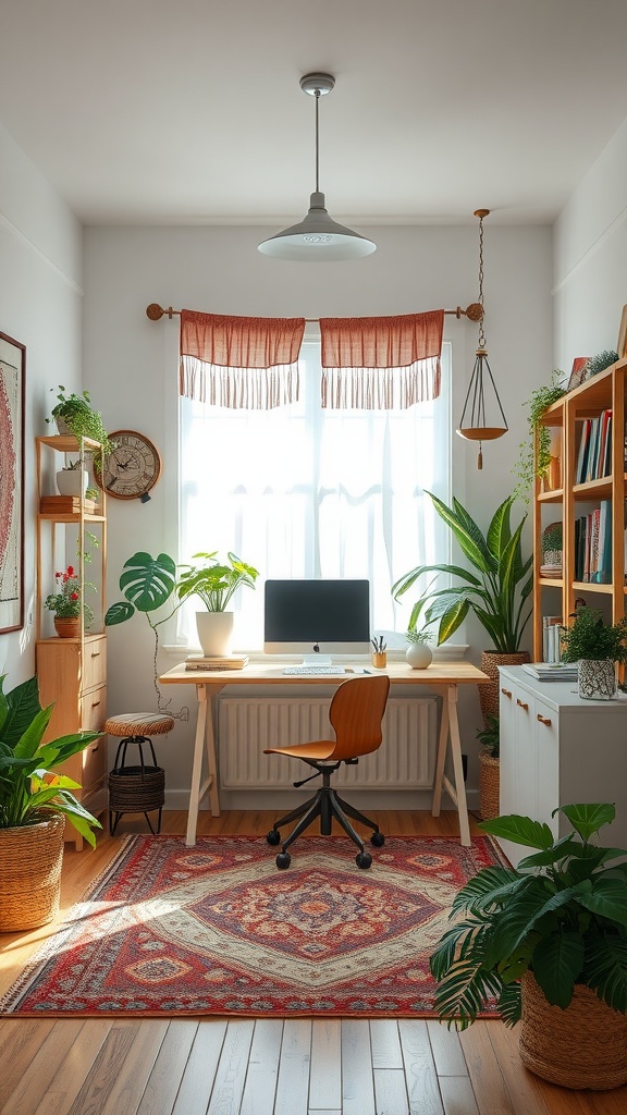 A chic bohemian workspace featuring a large window, plants, and a cozy desk.