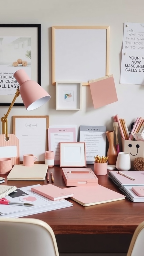 A chic desk setup with blush decor featuring stationery, plant, and stylish wall art.