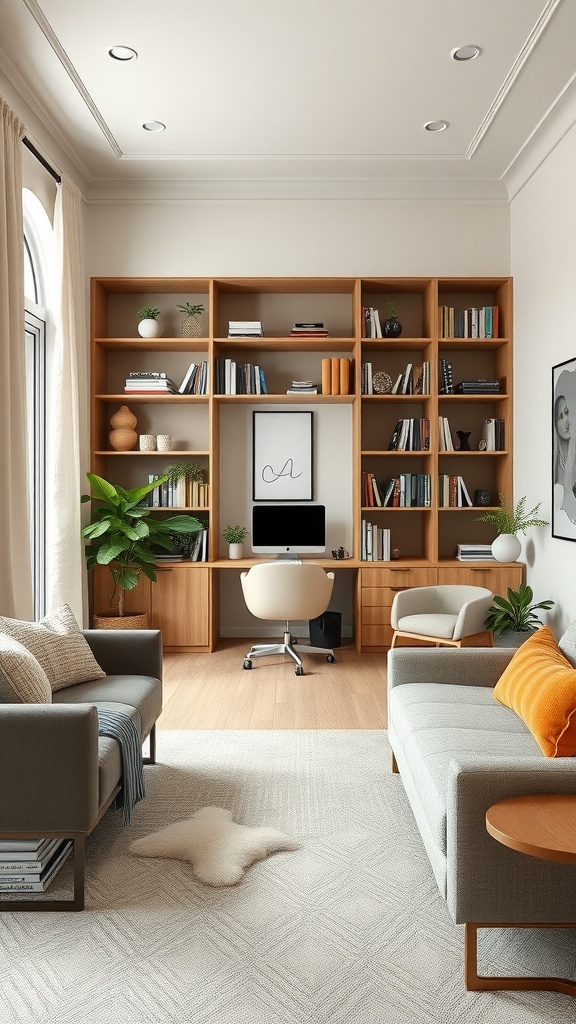 Cozy home office space with a bookshelf, modern desk, and plants.
