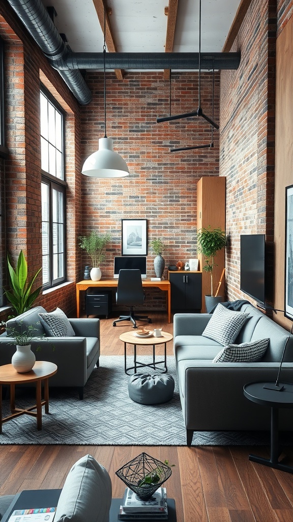 Chic industrial loft with a cozy office corner featuring exposed brick walls, modern furniture, and bright natural light.