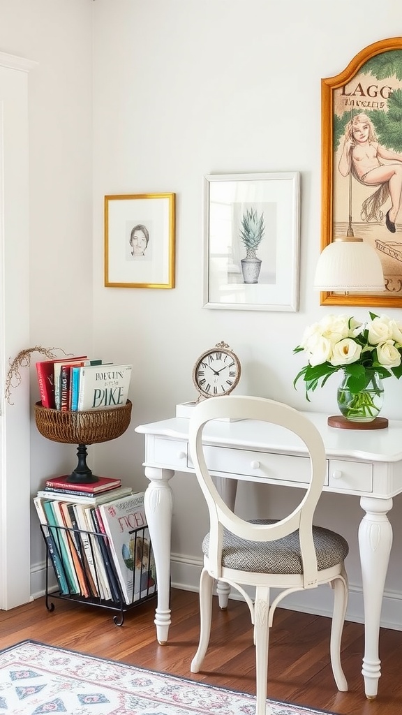 A stylish magazine rack displaying a variety of magazines and framed art, perfect for chic room decor.