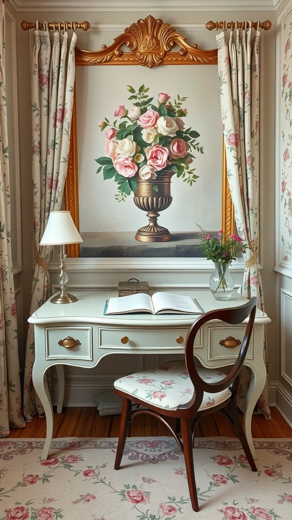 A vintage home office featuring a chic mid-century modern desk, a floral painting, and elegant decor.