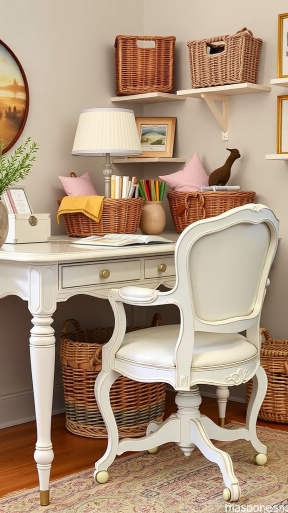 A stylish workspace featuring woven baskets for organization.