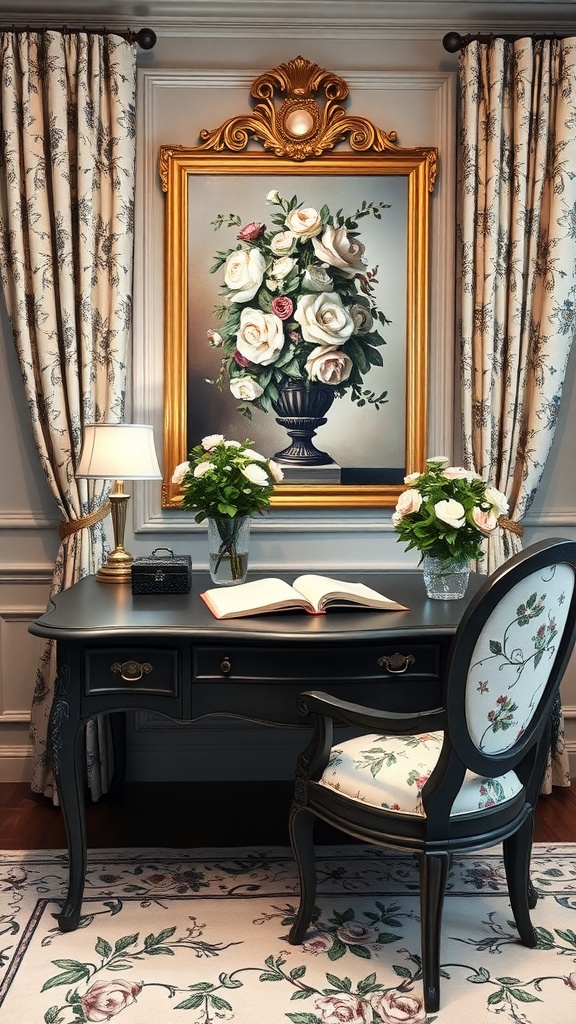 A cozy vintage home office featuring a black desk, floral chair, and a large floral painting in a golden frame.