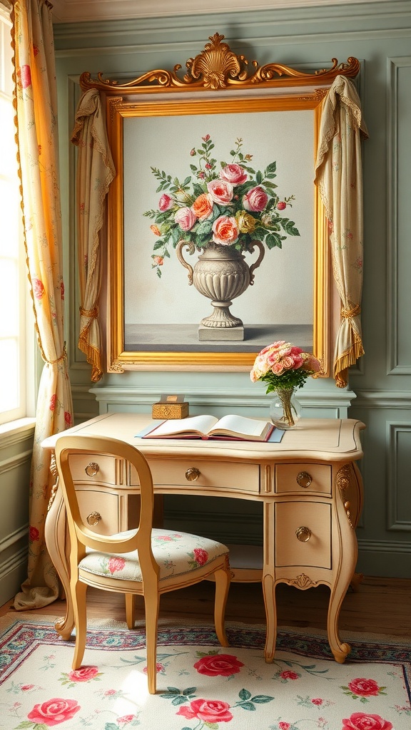 A beautifully decorated vintage home office featuring a floral painting, elegant desk, and cozy decor.
