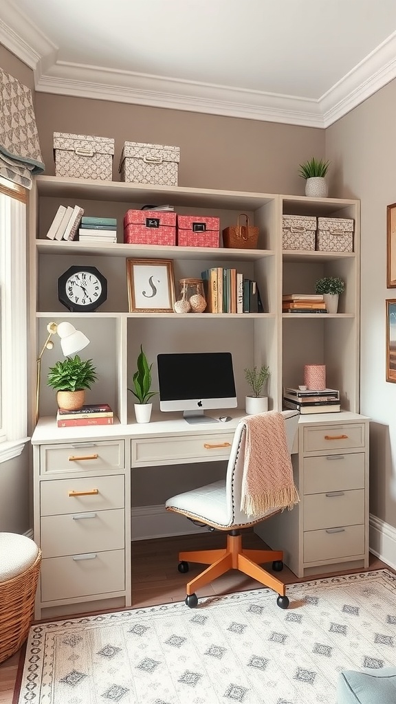 A chic home office featuring pink furniture, trendy wall art, and stylish storage solutions.
