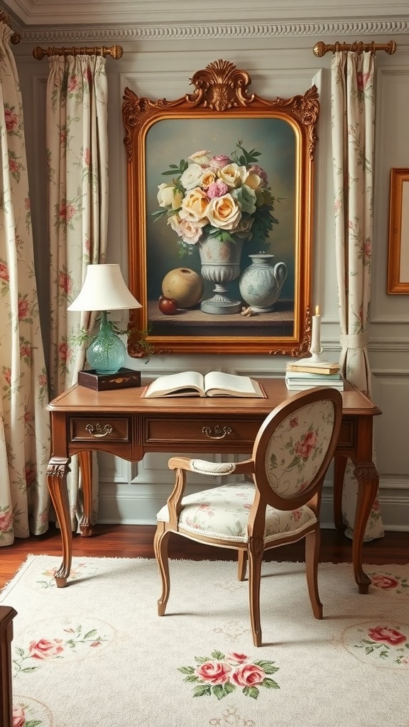 A vintage home office featuring a wooden desk, floral chair, and a framed painting of flowers.