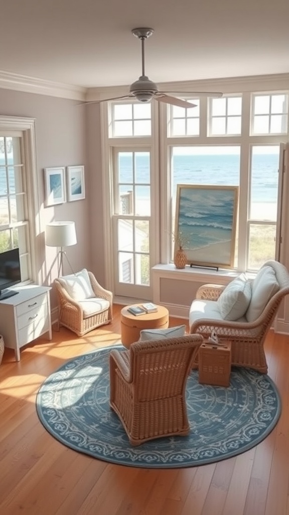 Coastal cottage interior with wicker chairs, a soft beige aesthetic, and large windows overlooking the beach
