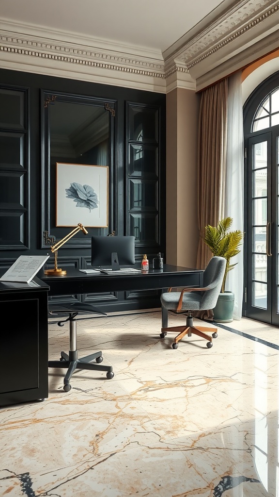 Home office showcasing classic black and beige marble flooring with modern furniture and decor.
