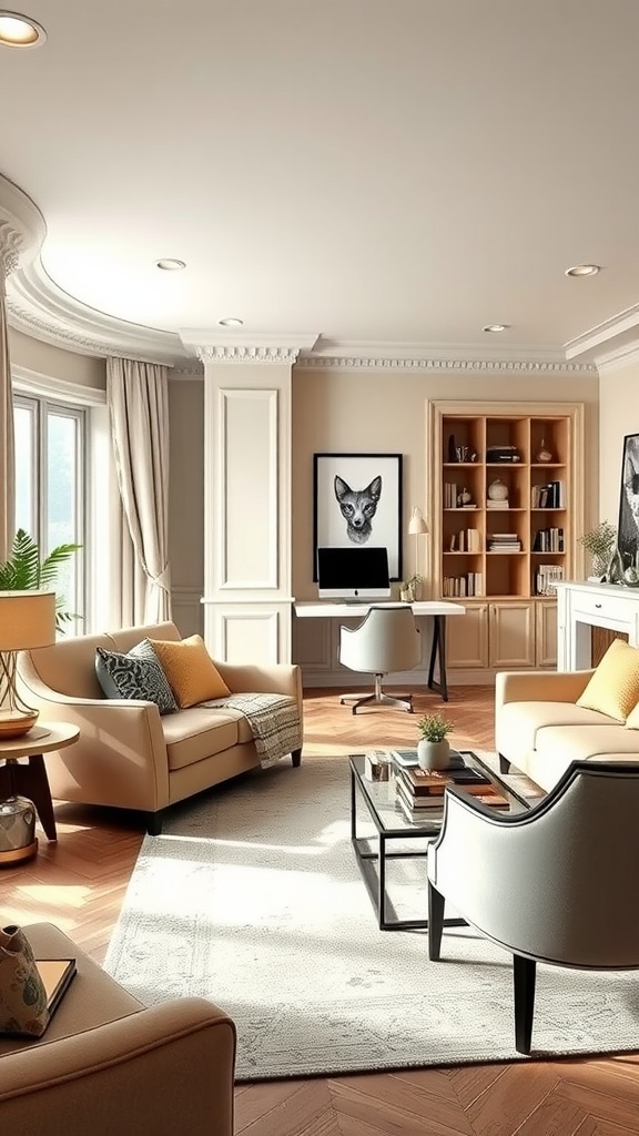 Cozy living room with work area featuring elegant furniture and a stylish desk setup.