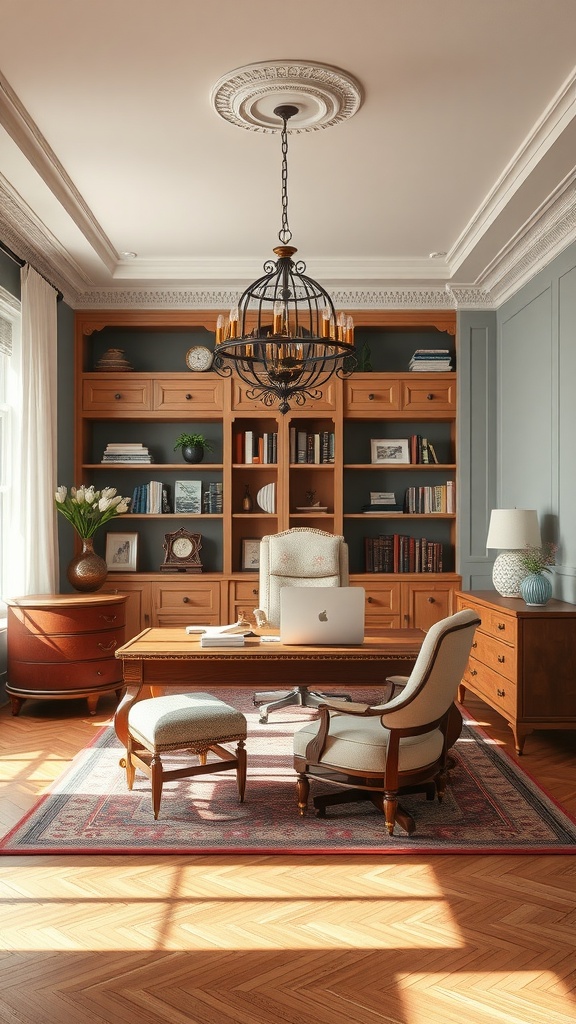 A classic home office with wooden furniture, elegant chandelier, and bookshelves.