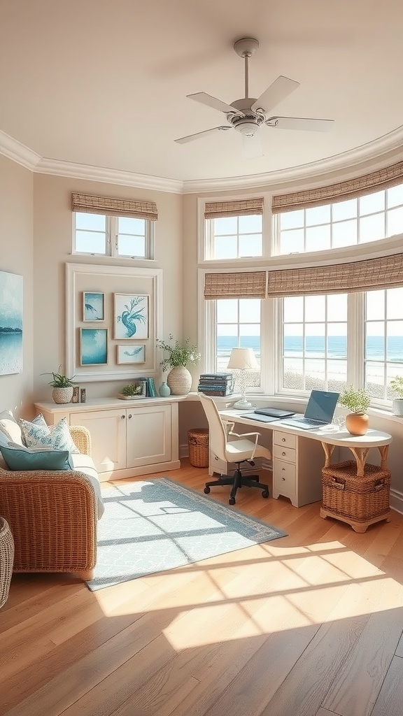 Bright home office with large windows, beige walls, and coastal decor.