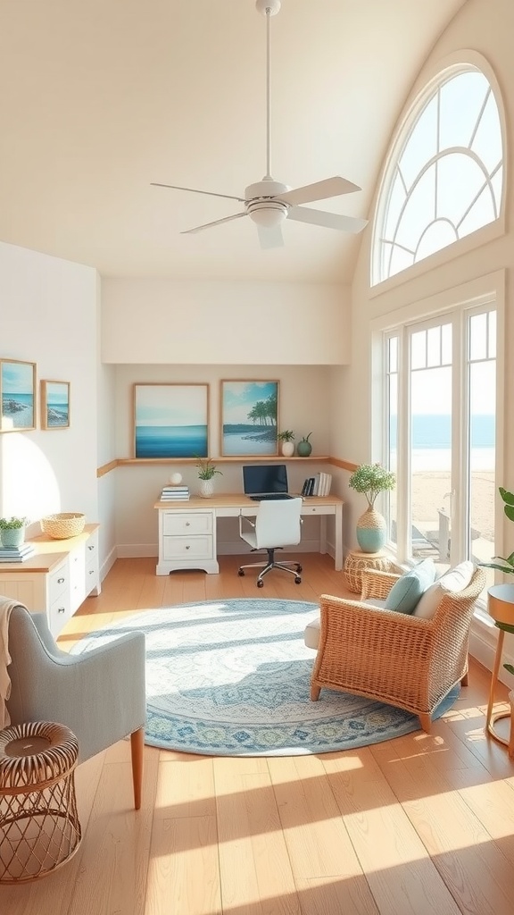 A bright coastal cottage home office featuring light brown and beige tones, large windows, and beach-themed decor.