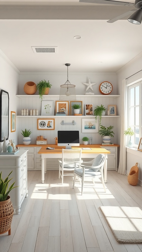 A bright, coastal-inspired home office featuring a wooden desk, plants, and decorative shelves with beach-themed artwork.