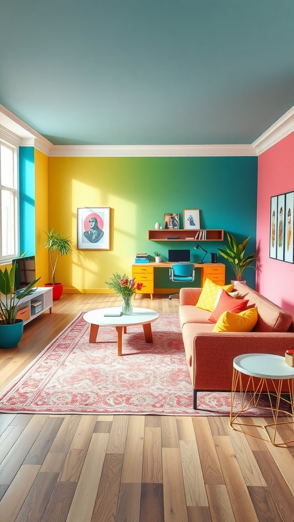 A colorful living room featuring a cozy desk and vibrant decor, perfect for a work zone.