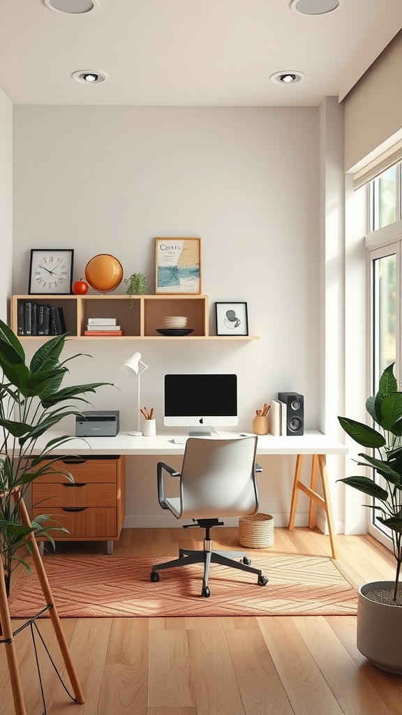 A bright and cozy home office with plants, a desk, and decor items.