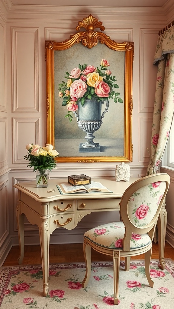 A vintage home office with a floral-themed desk and chair, featuring a painting of roses on the wall.