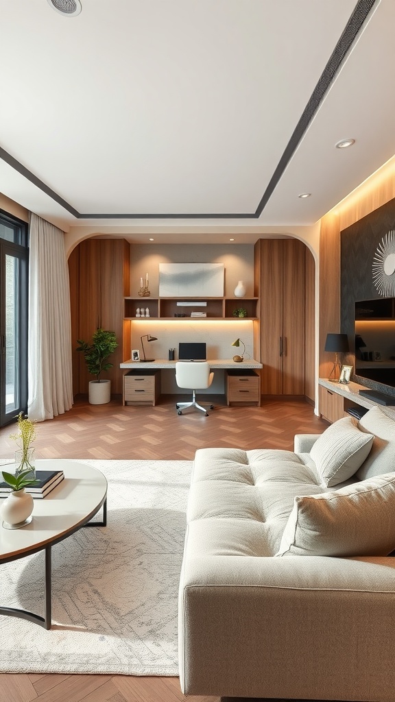 A contemporary living room featuring a built-in desk, warm wood accents, and a cozy sofa.