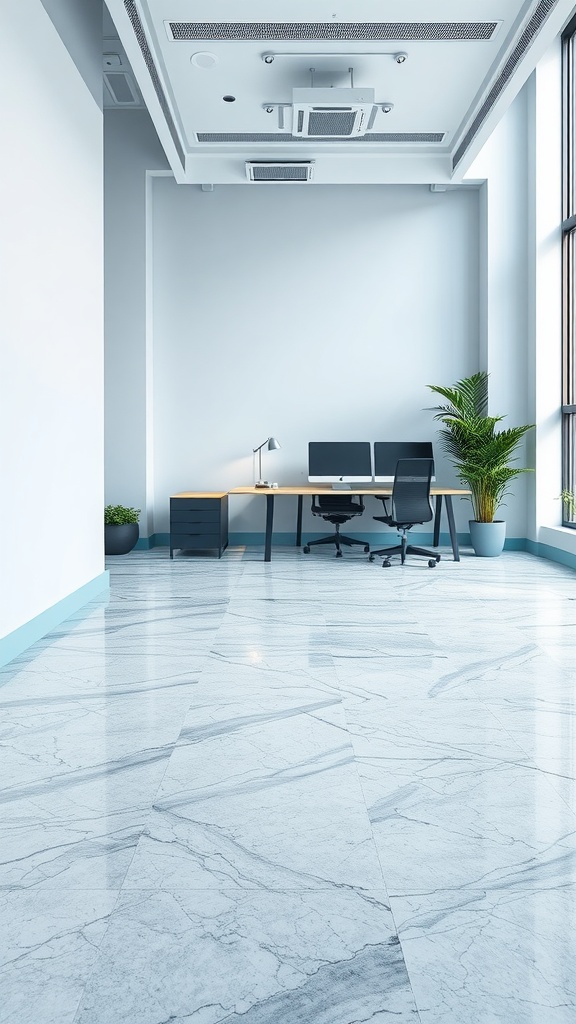 A modern home office with cool blue gray marble flooring, featuring a desk and two monitors.