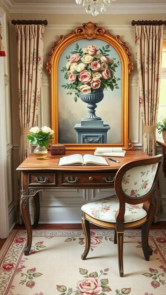 A cozy vintage study room with a wooden desk, floral upholstery, and a painting of roses.