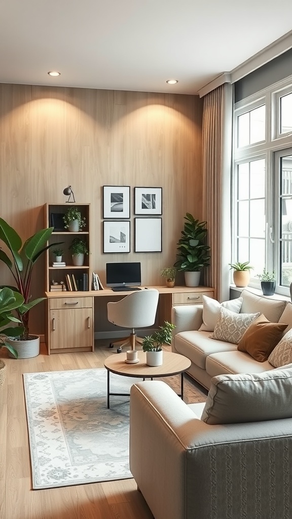A cozy office nook featuring a wooden desk, comfortable chair, green plants, and a stylish sofa.