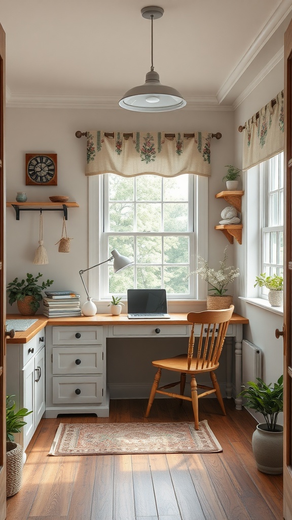 A cozy home office nook with a wooden desk, a chair, and plants, featuring a warm and inviting aesthetic.