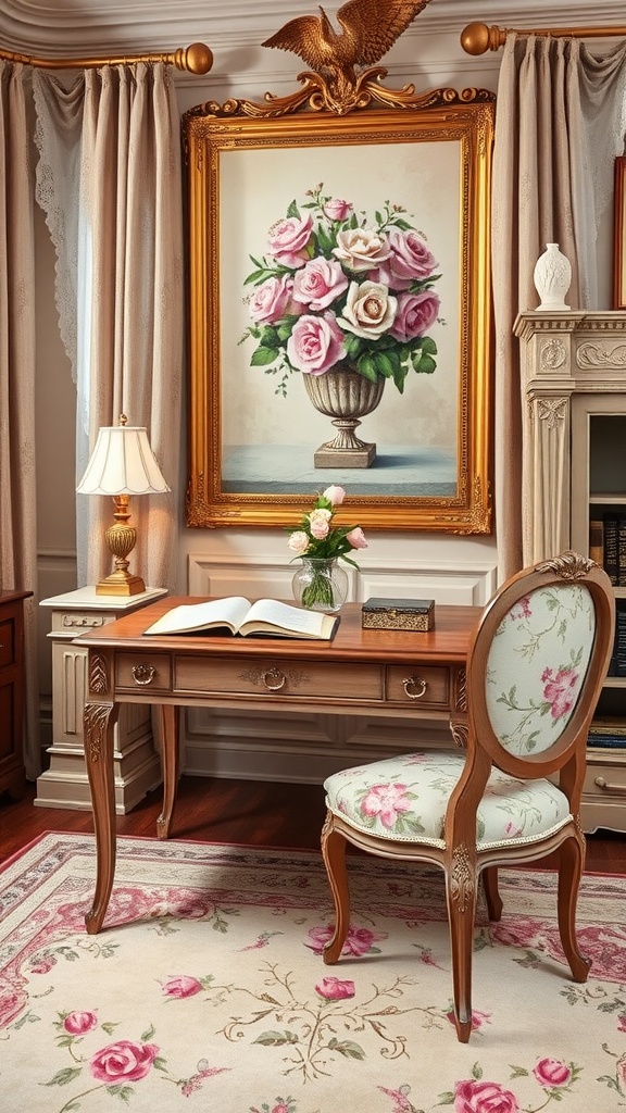 A cozy vintage home office with a wooden desk, floral chair, and a large painting of roses.