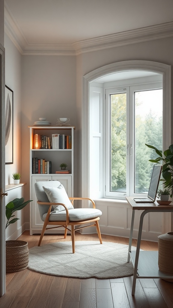 A cozy reading nook with a modern chair, desk, and bookshelves, integrated into a bright home office space.