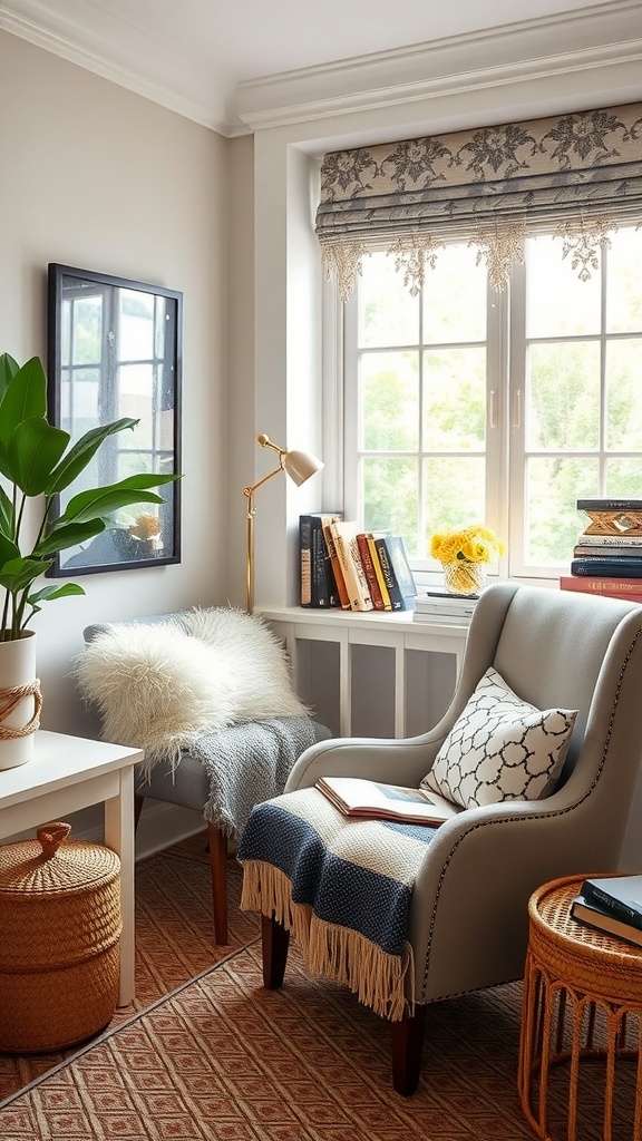 Cozy reading nook with a plush chair, pillows, side table, and plant in a girly home office