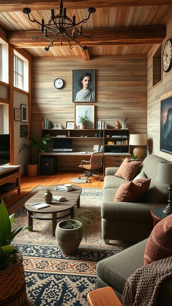 Cozy rustic living room with integrated workspace, featuring wooden walls, a stylish desk, and comfortable seating.
