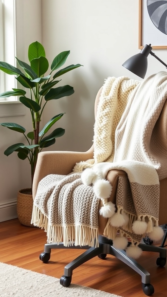 A cozy chair with a pink throw and a white blanket, surrounded by stylish decor.