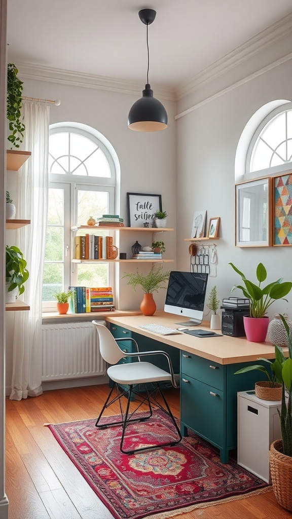 Cozy home office with a wooden desk, plants, and large windows