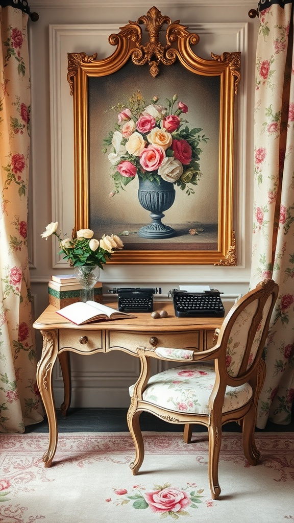 A vintage study room with a wooden desk, typewriters, and floral decor.