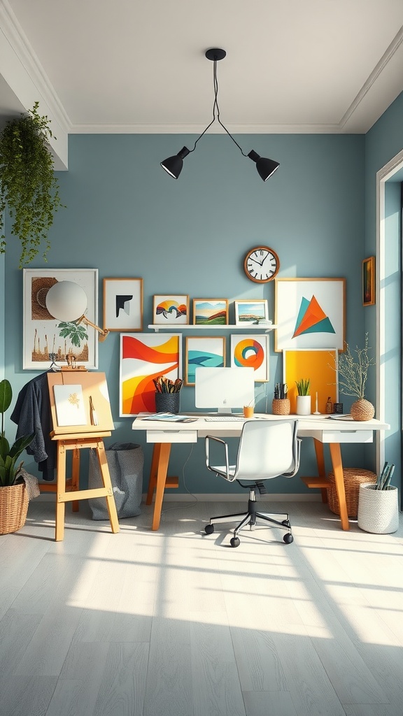 A bright art studio office combo featuring a modern desk, easel, and vibrant artwork on the walls.