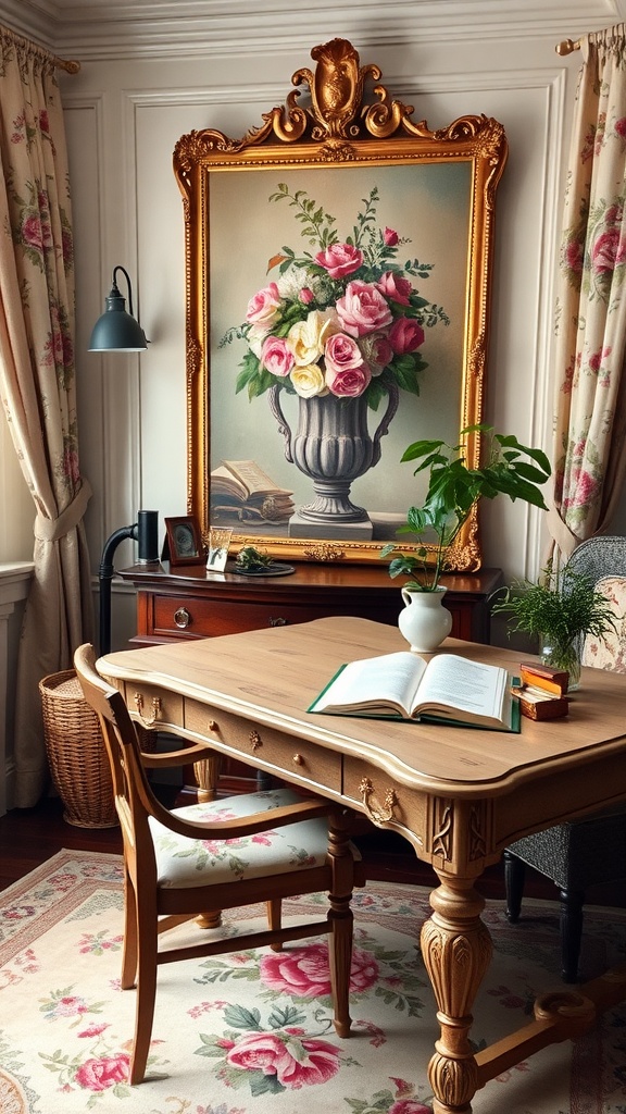 A cozy vintage home office featuring a wooden desk, floral decor, and a large painting.