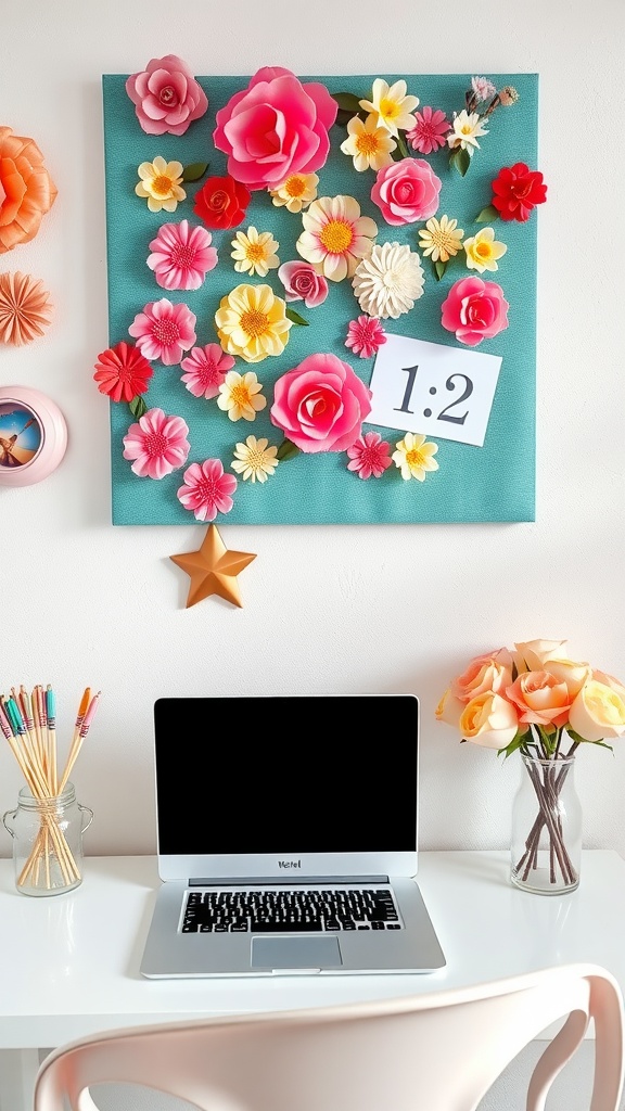 Colorful bulletin board with sticky notes and plants, showcasing a creative workspace.